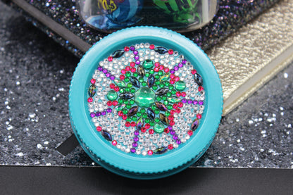 Diamond Art Custom Design Plastic Mason Jar with Custom Design Teal Lid with Green, Purple and Clear Gems