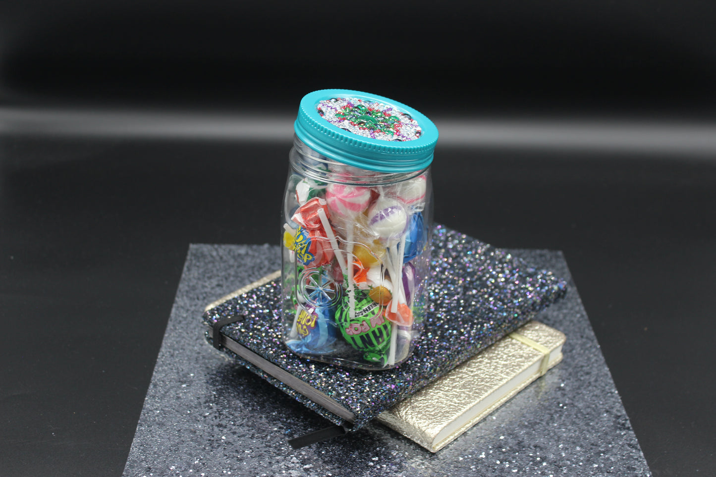 Diamond Art Custom Design Plastic Mason Jar with Custom Design Teal Lid with Green, Purple and Clear Gems