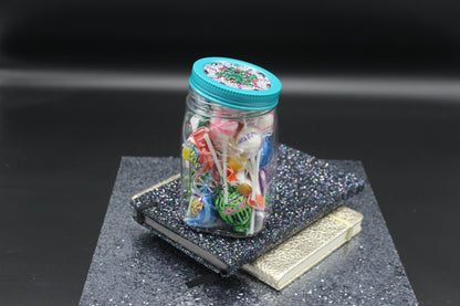 Diamond Art Custom Design Plastic Mason Jar with Custom Design Teal Lid with Green, Purple and Clear Gems