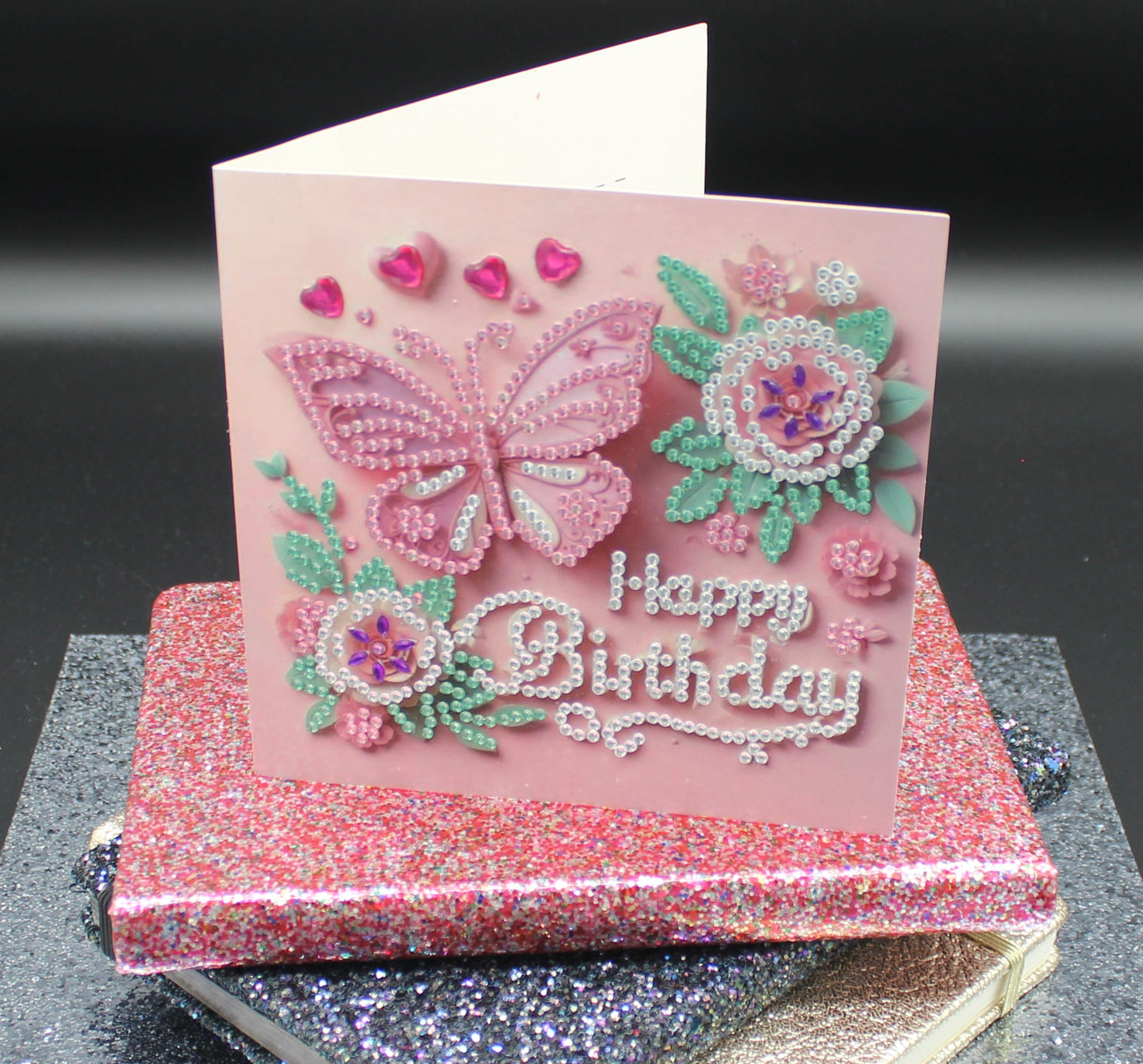 Diamond Art Card with Little Happy Birthday a Flower and Butterflies