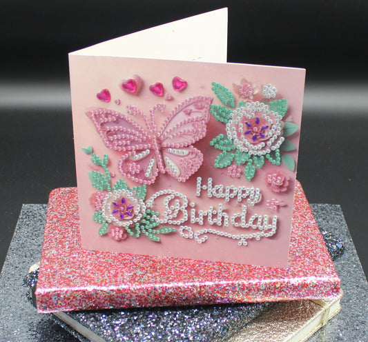 Diamond Art Card with Little Happy Birthday a Flower and Butterflies