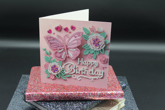 Diamond Art Card with Little Happy Birthday a Flower and Butterflies
