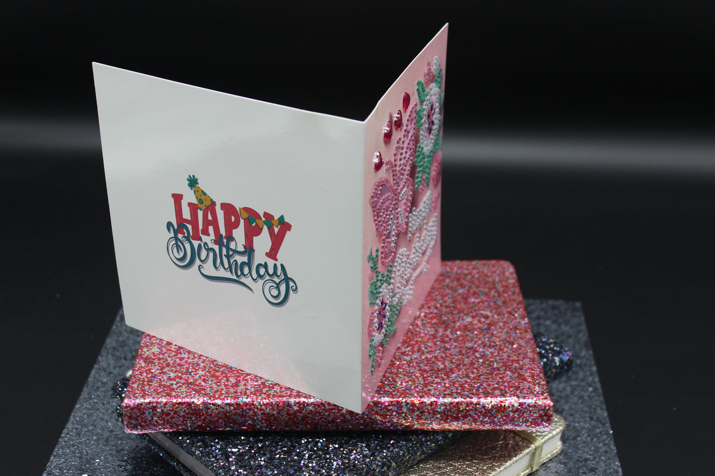 Diamond Art Card with Little Happy Birthday a Flower and Butterflies
