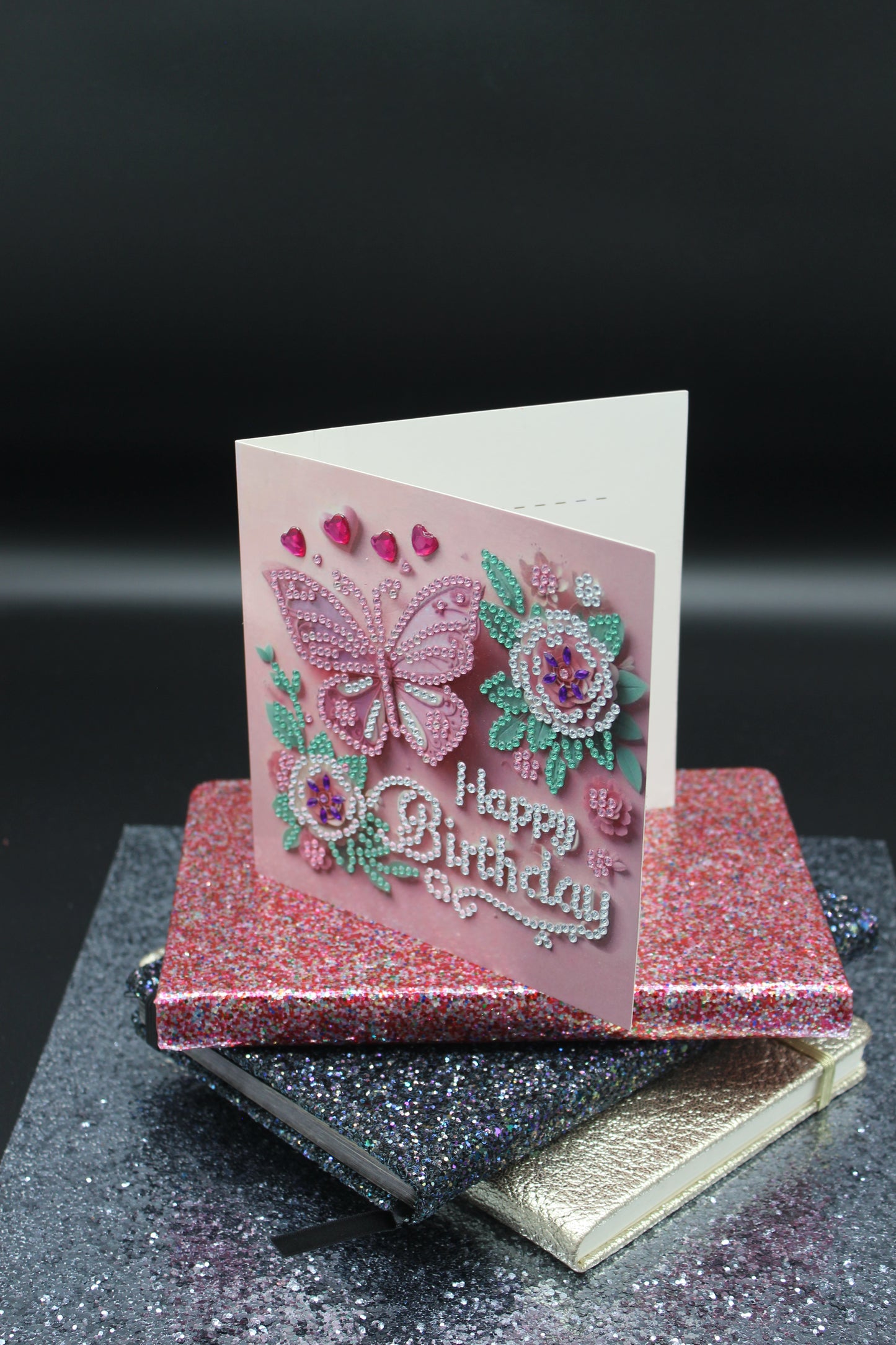 Diamond Art Card with Little Happy Birthday a Flower and Butterflies