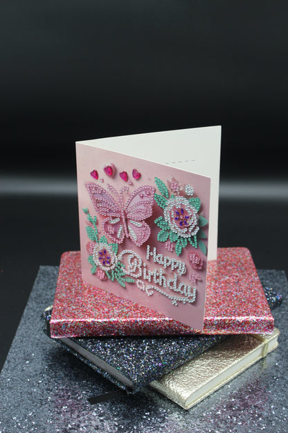 Diamond Art Card with Little Happy Birthday a Flower and Butterflies