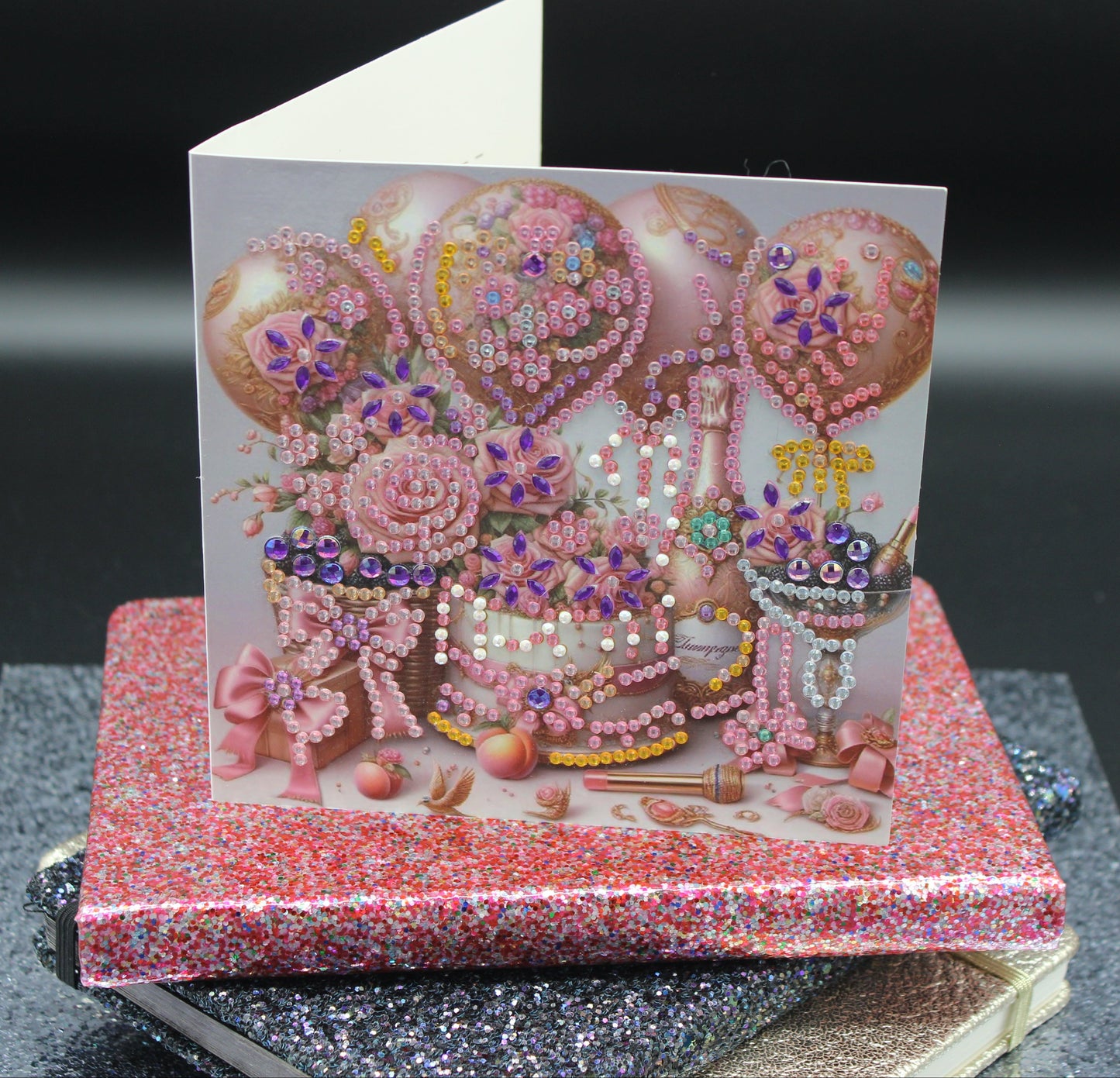 Diamond Art Card with Cake and Pink Balloons