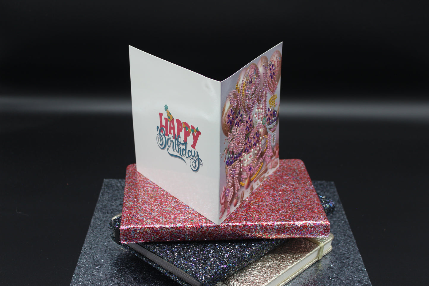 Diamond Art Card with Cake and Pink Balloons