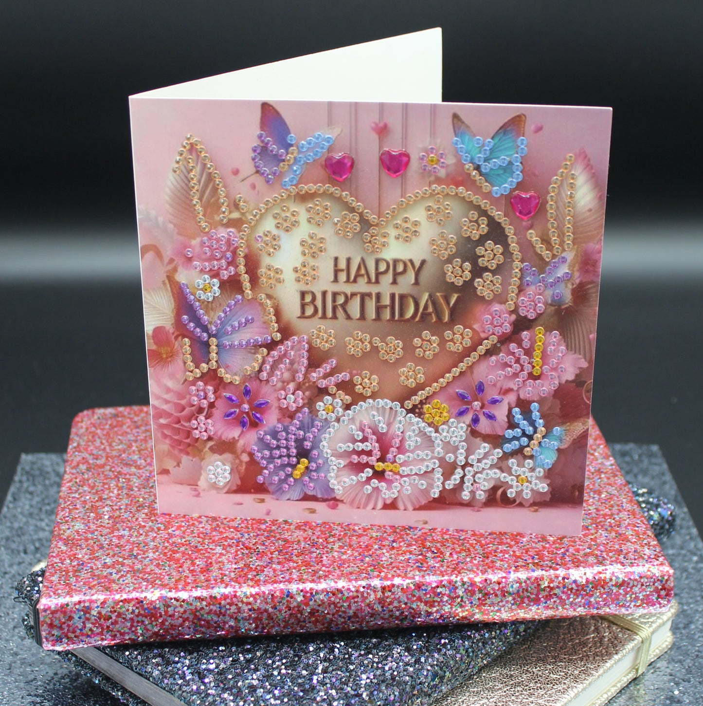 Diamond Art Card with Happy Birthday Heart and Flowers