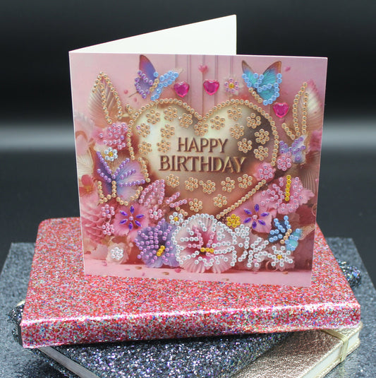 Diamond Art Card with Happy Birthday Heart and Flowers