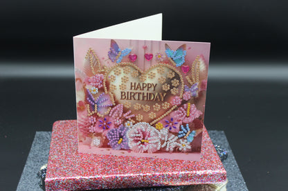 Diamond Art Card with Happy Birthday Heart and Flowers