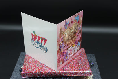 Diamond Art Card with Happy Birthday Heart and Flowers