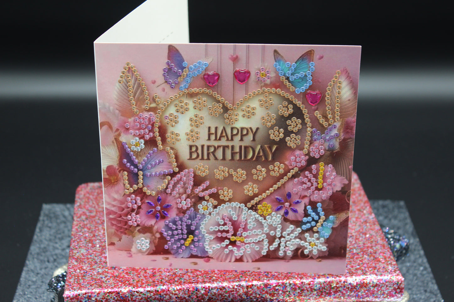 Diamond Art Card with Happy Birthday Heart and Flowers
