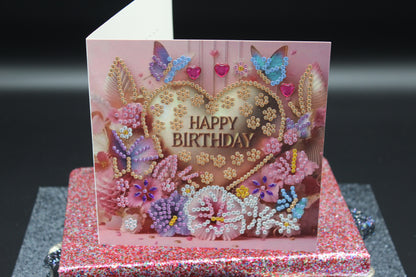 Diamond Art Card with Happy Birthday Heart and Flowers