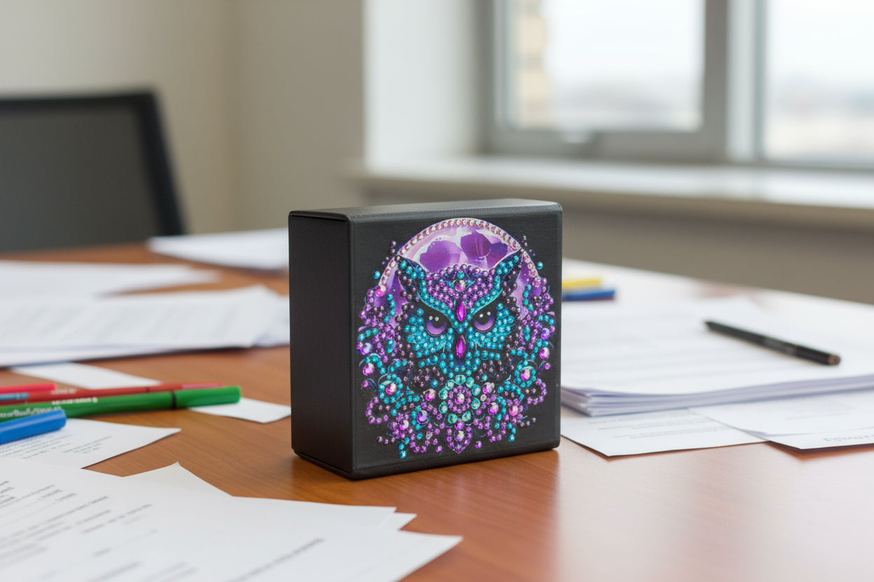 Diamond Art Paper Notepad Holder with Scowling Owl with Deep Piercing Eyes