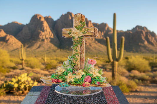 Golden Cross TableTop Diamond Art with Colorful Flowers and Growing Vines