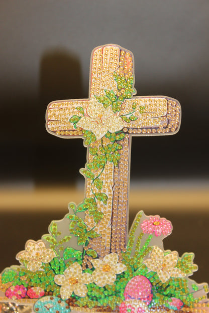 Golden Cross TableTop Diamond Art with Colorful Flowers and Growing Vines