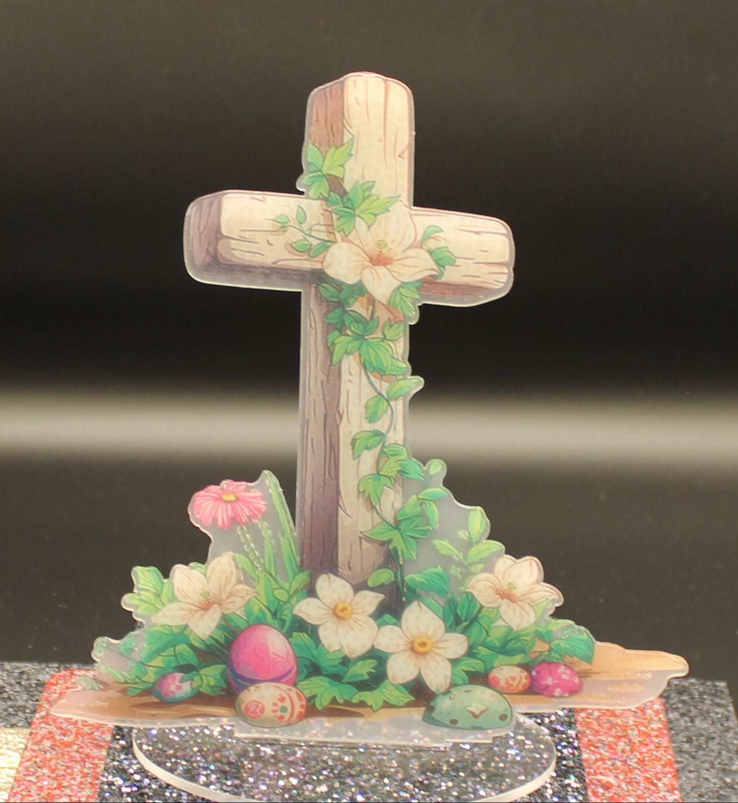 Golden Cross TableTop Diamond Art with Colorful Flowers and Growing Vines