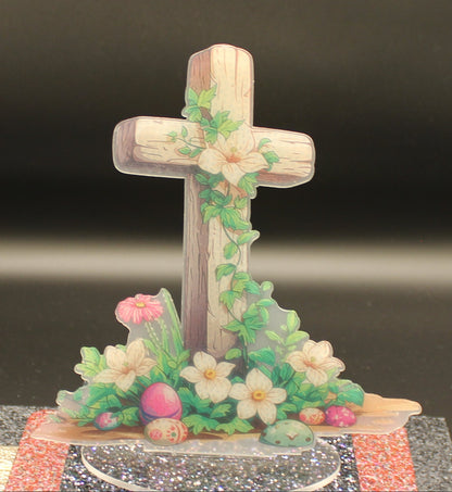 Golden Cross TableTop Diamond Art with Colorful Flowers and Growing Vines