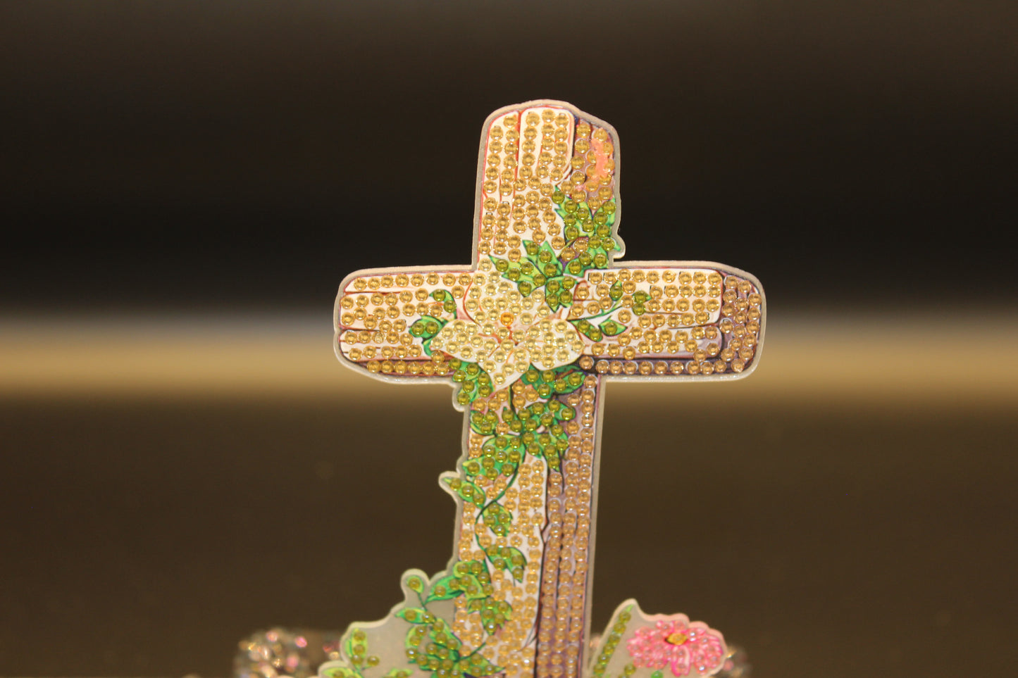 Golden Cross TableTop Diamond Art with Colorful Flowers and Growing Vines