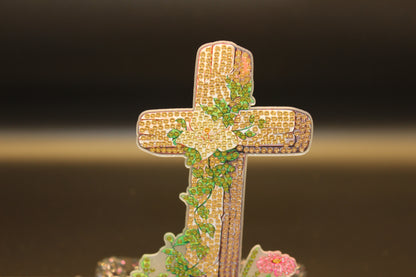 Golden Cross TableTop Diamond Art with Colorful Flowers and Growing Vines