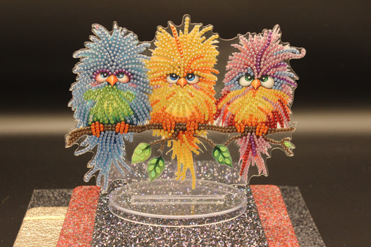 Three Colorful Dammit Birds with Crazy Faces TableTop Diamond Art