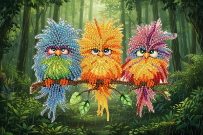Three Colorful Dammit Birds with Crazy Faces TableTop Diamond Art
