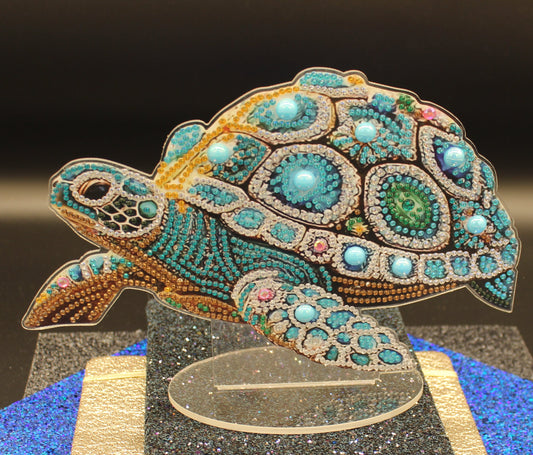 Colorful Sea Turtle TableTop Diamond Art with a Turquoise and Green Shell