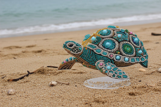 Colorful Sea Turtle TableTop Diamond Art with a Turquoise and Green Shell
