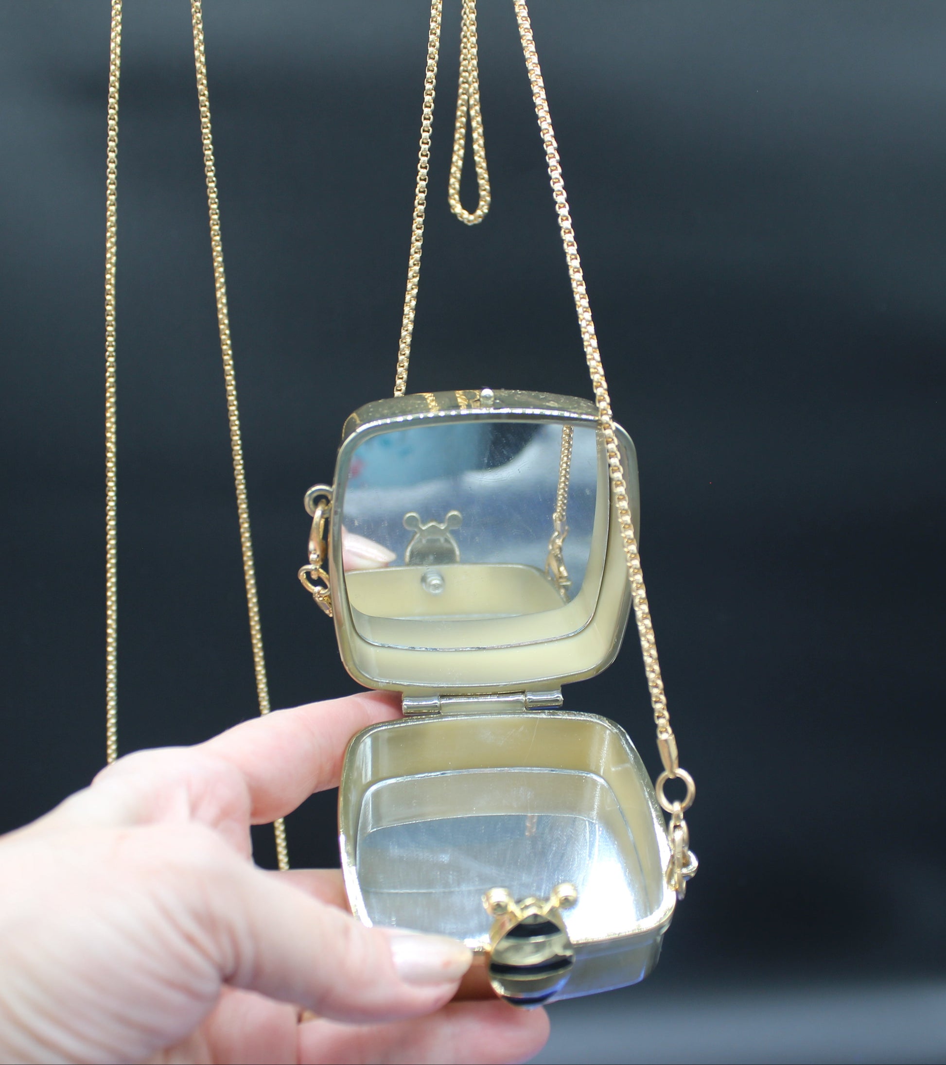 Small jewelry box with a chain held by a hand against a dark background