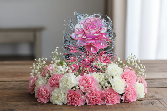 Beautiful Pink Rose surrounded by multi Facet Gems TableTop Diamond Art