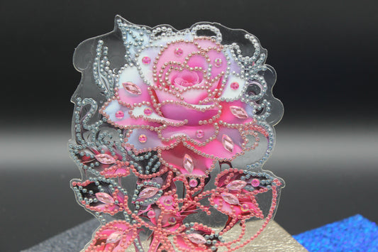 Beautiful Pink Rose surrounded by multi Facet Gems TableTop Diamond Art