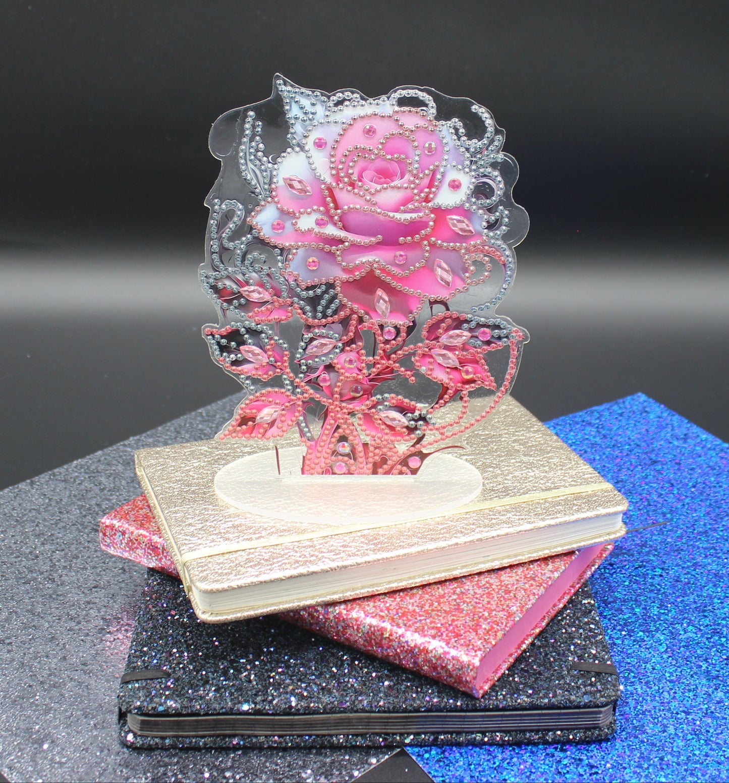 Beautiful Pink Rose surrounded by multi Facet Gems TableTop Diamond Art