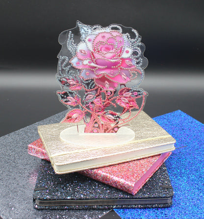 Beautiful Pink Rose surrounded by multi Facet Gems TableTop Diamond Art