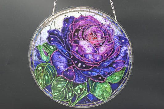 Beautifully Colored Hanging Diamond Art Purple Rose Suncatcher