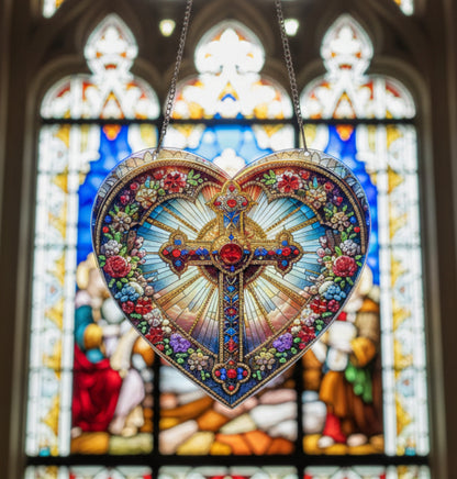 Beautifully Colored Hanging Diamond Art Large Multicolored Heart with a Sparkling Cross