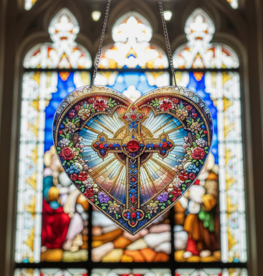 Beautifully Colored Hanging Diamond Art Large Multicolored Heart with a Sparkling Cross