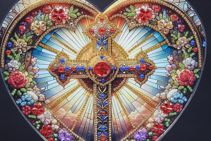 Beautifully Colored Hanging Diamond Art Large Multicolored Heart with a Sparkling Cross