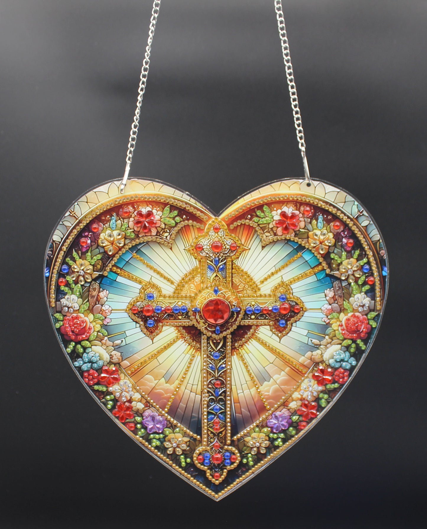 Beautifully Colored Hanging Diamond Art Large Multicolored Heart with a Sparkling Cross
