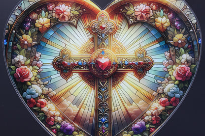 Beautifully Colored Hanging Diamond Art Large Multicolored Heart with a Sparkling Cross