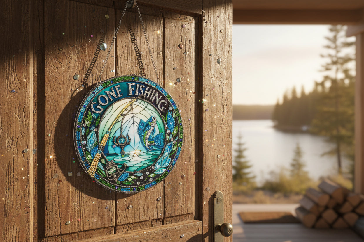 Hanging Diamond Art Suncatcher with a Fish and Fishing Pole and a Gone Fishing saying