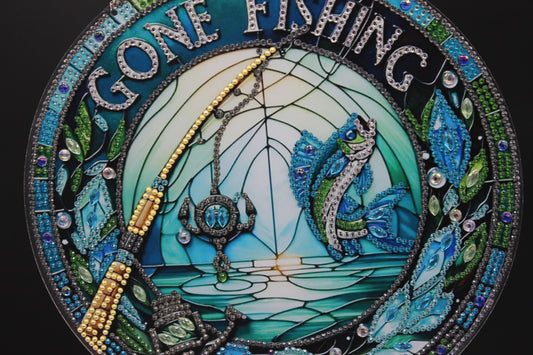 Hanging Diamond Art Suncatcher with a Fish and Fishing Pole and a Gone Fishing saying
