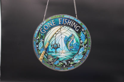 Hanging Diamond Art Suncatcher with a Fish and Fishing Pole and a Gone Fishing saying