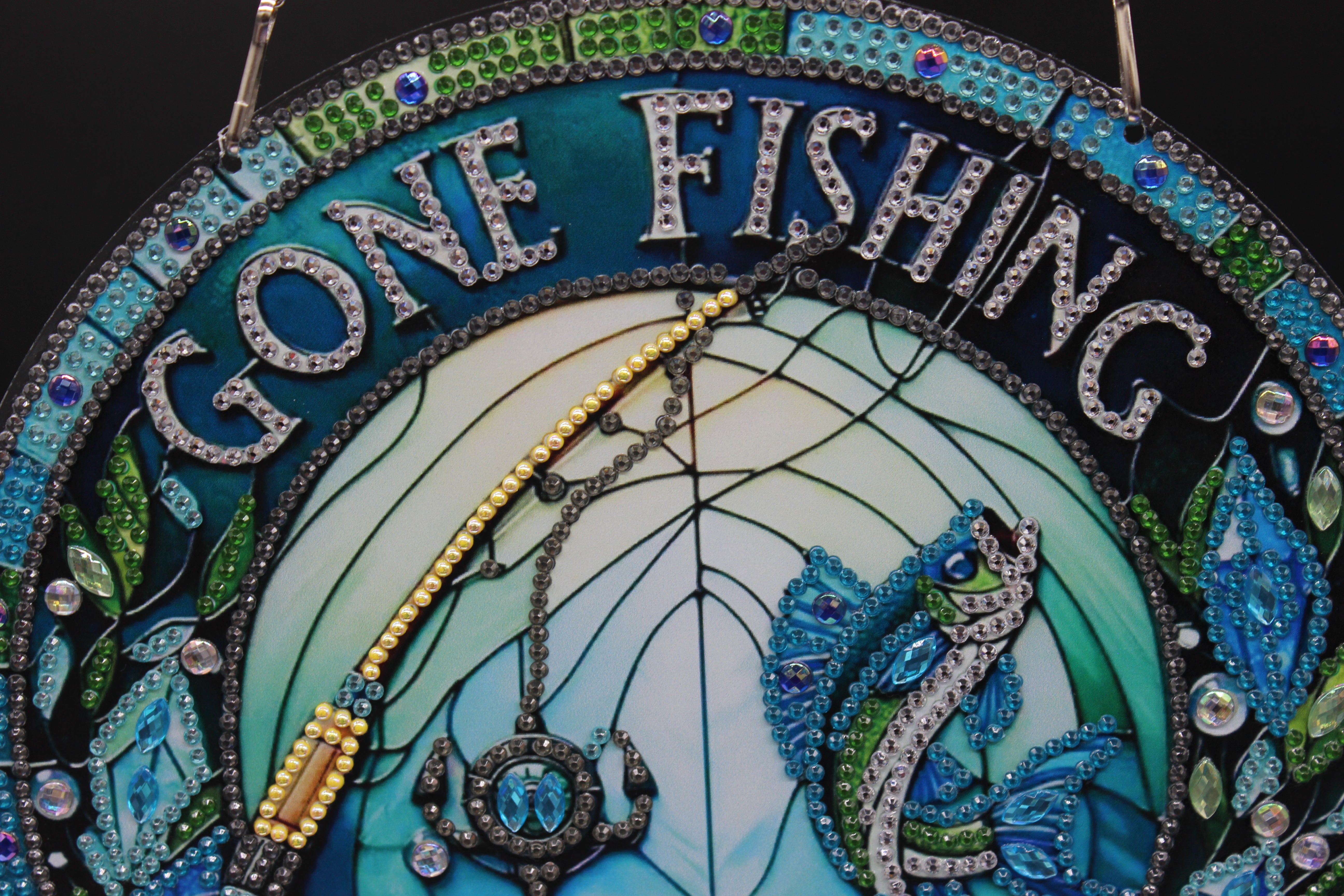 Hanging Diamond Art Suncatcher with a Fish and Fishing Pole and a