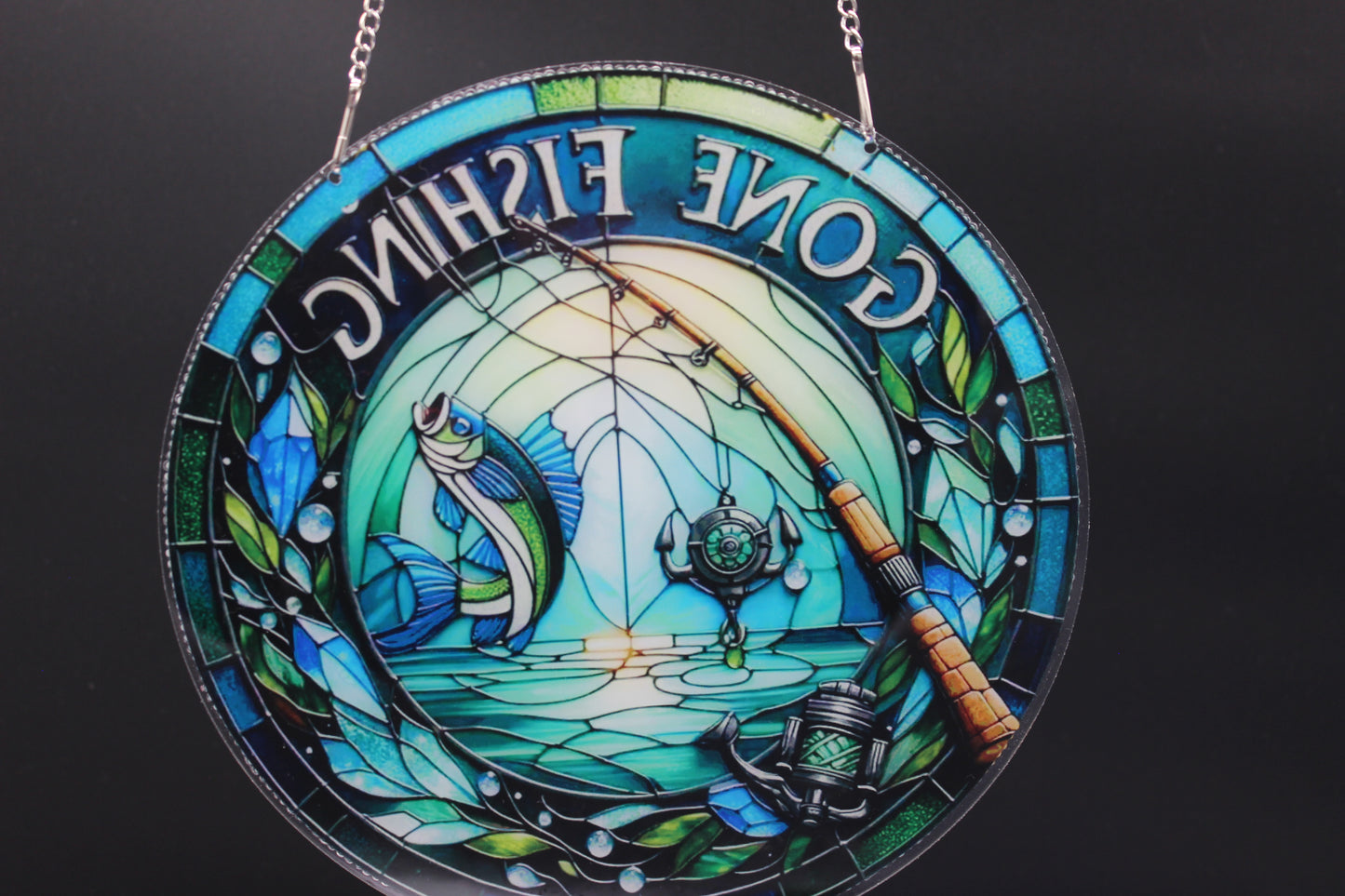 Hanging Diamond Art Suncatcher with a Fish and Fishing Pole and a Gone Fishing saying
