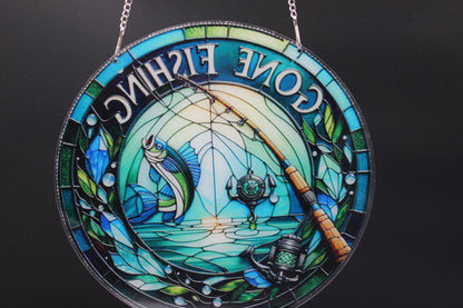 Hanging Diamond Art Suncatcher with a Fish and Fishing Pole and a Gone Fishing saying