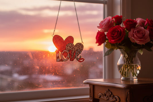 Beautifully Colored Hanging Diamond Art Suncatcher with Hearts and a Big Love with Kisses