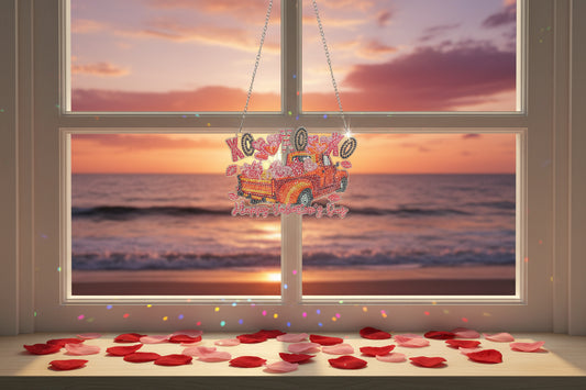 Hanging Diamond Art Suncatcher with Happy Valentines in a Love Truck