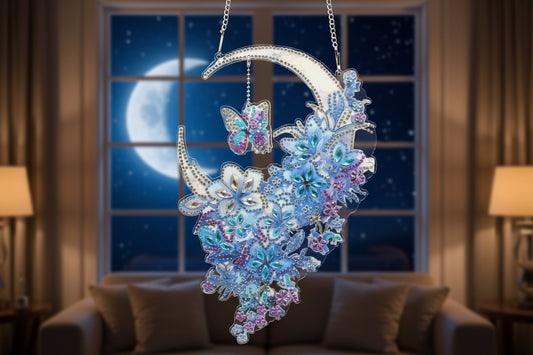 Hanging Diamond Art with a Moon Surrounded with Flowers and a Flying Butterfly