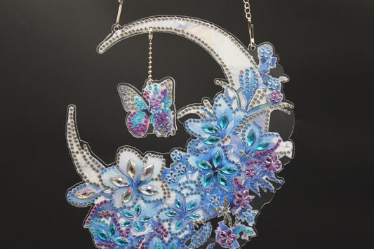 Hanging Diamond Art with a Moon Surrounded with Flowers and a Flying Butterfly