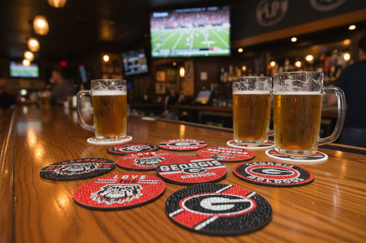 Collection of Georgia Bulldogs-themed coasters on a black surface